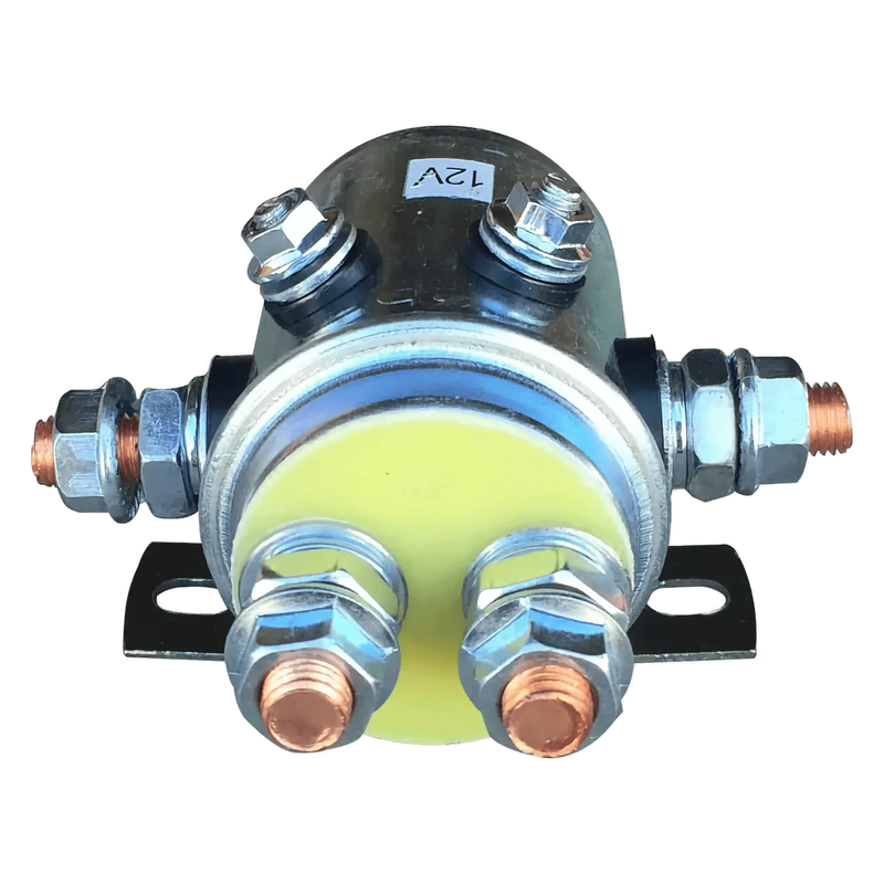 Asetek Enterprise Company LTD 12V Winch Solenoid with Grounding Screw, featuring metal terminals and a mounting bracket, compatible with PS528C solenoid assembly and PS654 winch, shown against a white background.