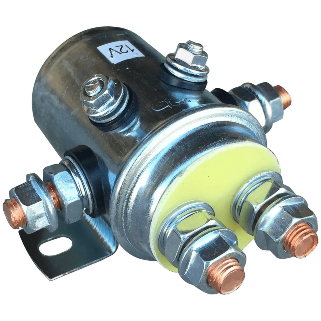 The Asetek Enterprise Company LTD 12V Winch Solenoid with Grounding Screw features four terminal posts, a mounting bracket, and is compatible with PS654 winch setups.