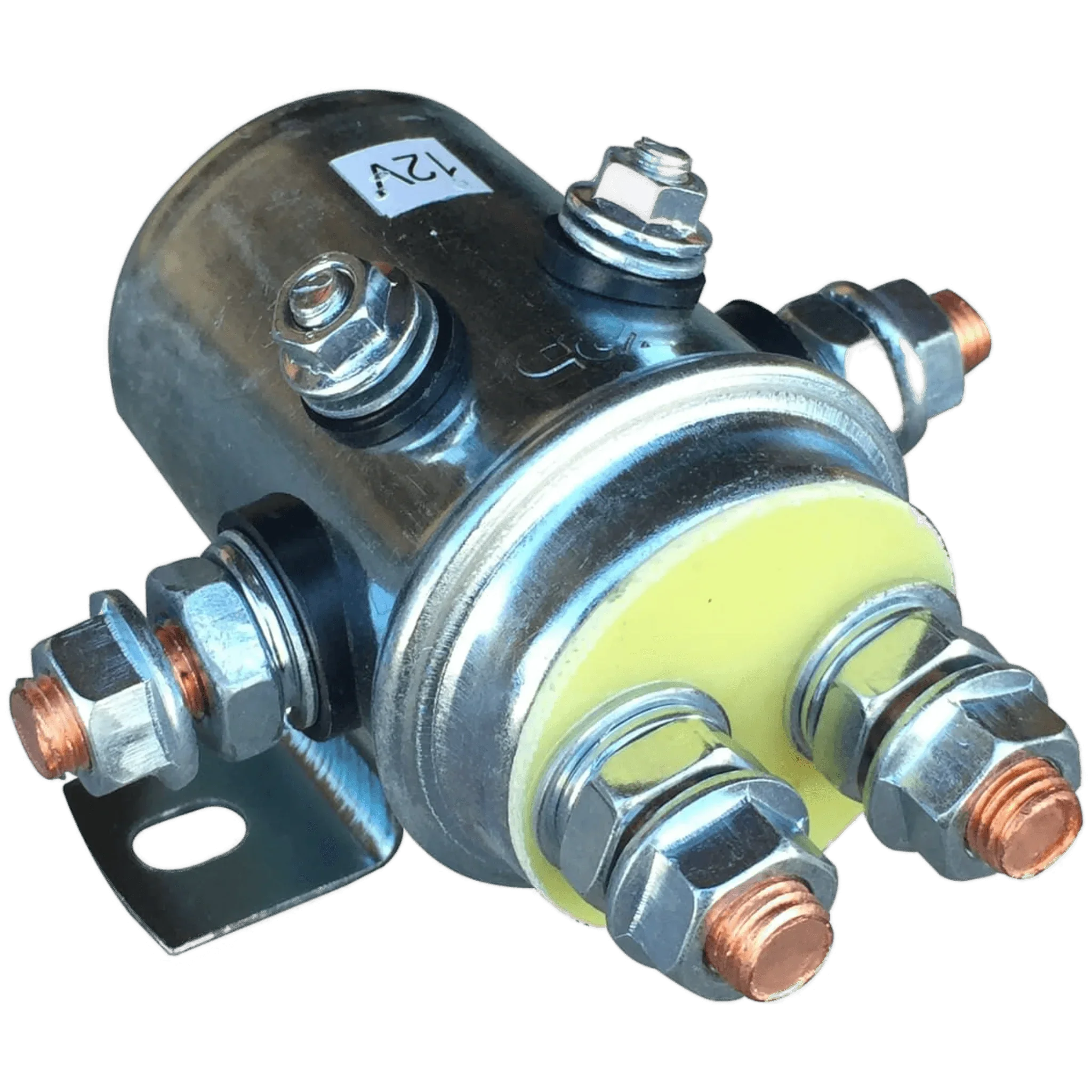 The Asetek Enterprise Company LTD 12V Winch Solenoid with Grounding Screw features four terminal posts, a mounting bracket, and is compatible with PS654 winch setups.