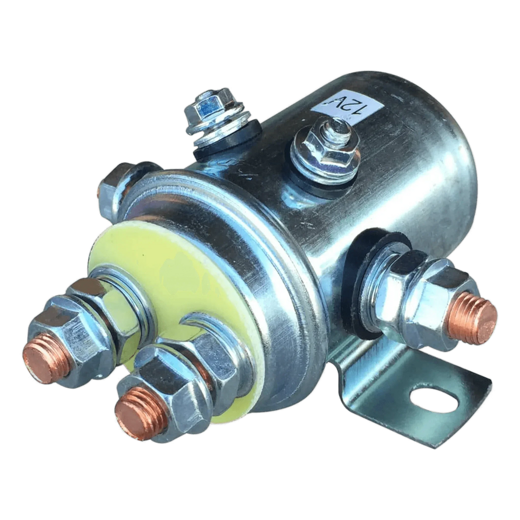 The Asetek Enterprise Company LTD 12V Winch Solenoid with Grounding Screw is a cylindrical automotive solenoid with four copper terminals and metal bracket, compatible with PS654 winch and PS528C solenoid assembly applications.