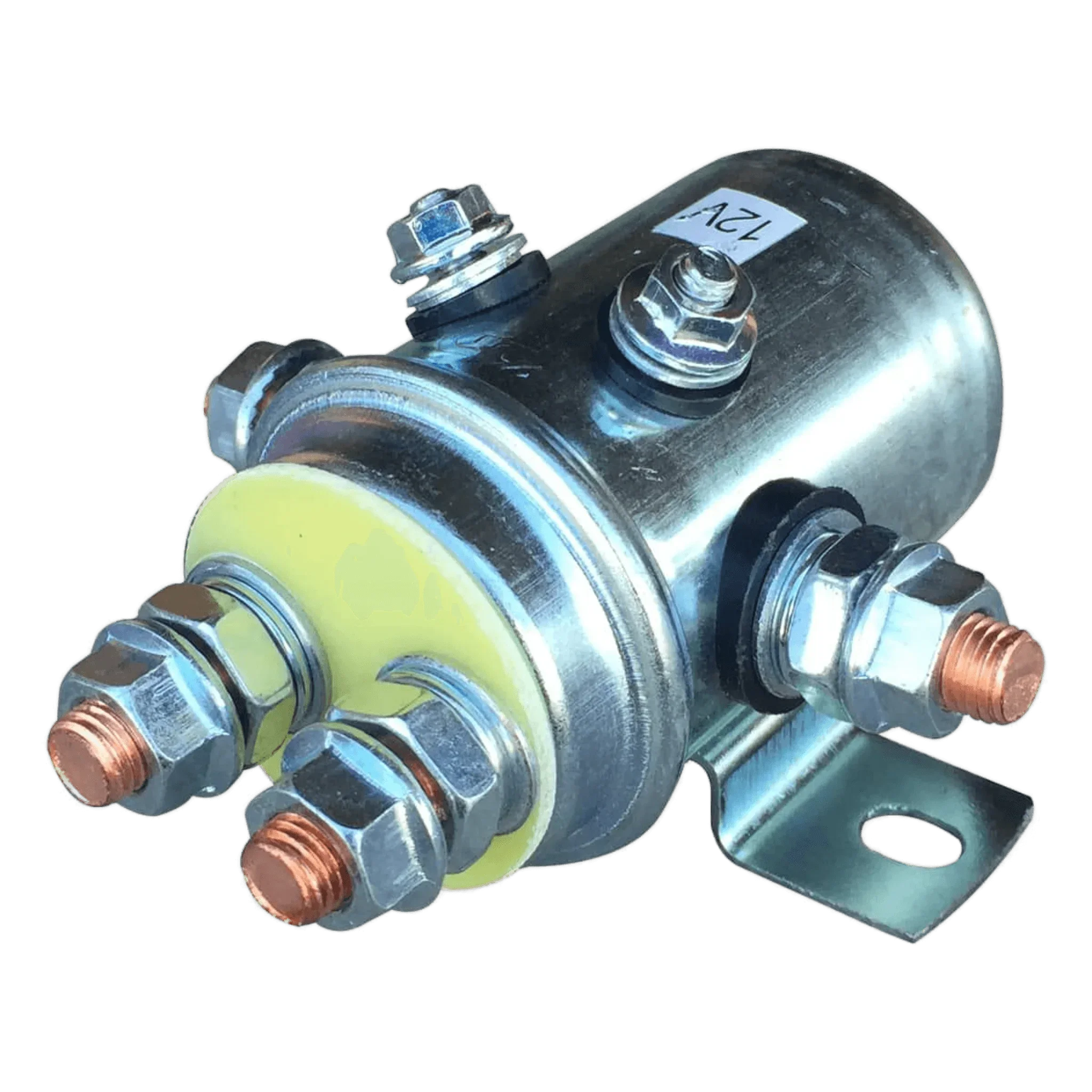 The Asetek Enterprise Company LTD 12V Winch Solenoid with Grounding Screw is a cylindrical automotive solenoid with four copper terminals and metal bracket, compatible with PS654 winch and PS528C solenoid assembly applications.