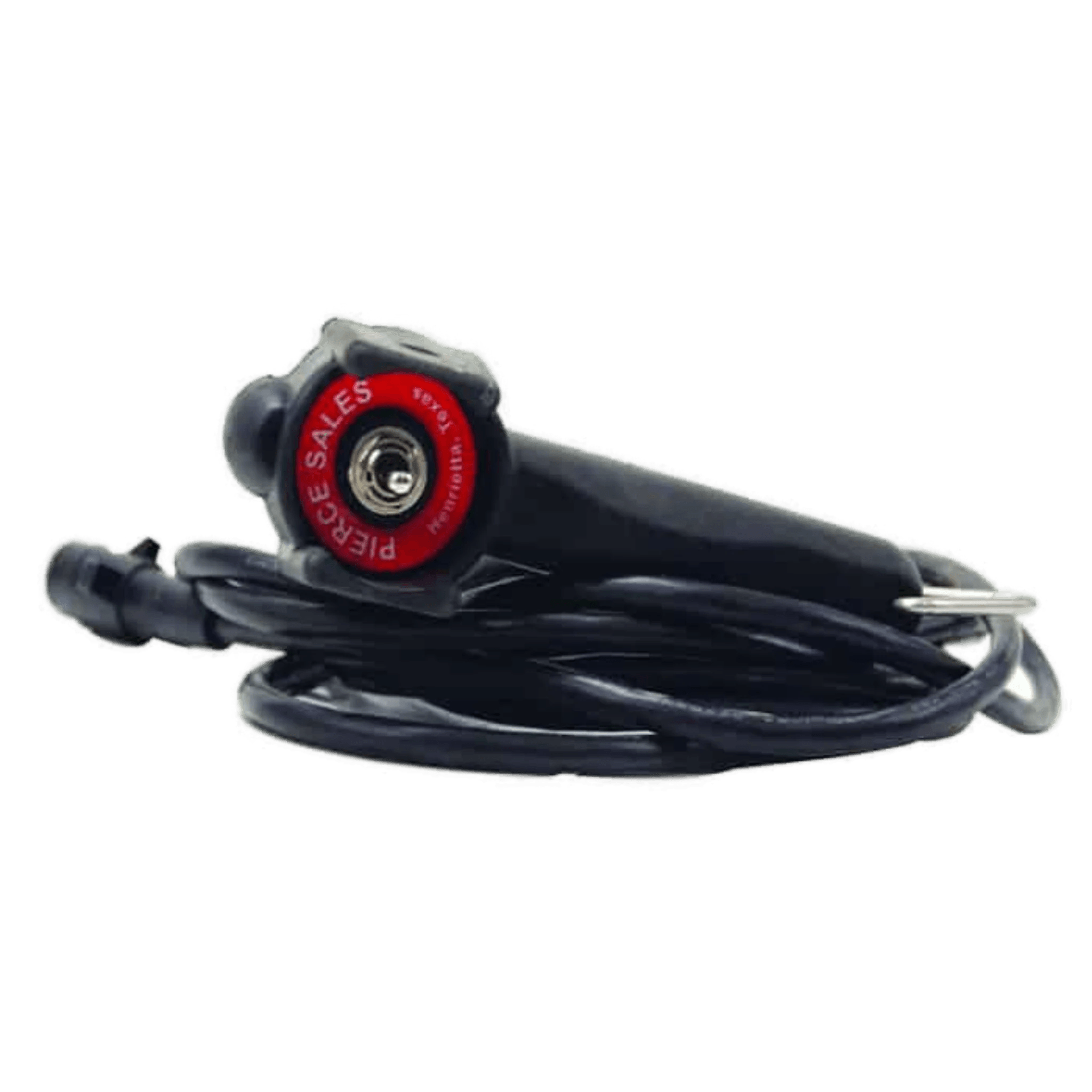 A coiled black cable with red and black connectors labeled SALES FORCE is part of the PIERCE 12,000 lb Recovery Winch, which features a powerful motor for reliable performance.