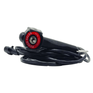 A coiled black cable with red and black connectors labeled SALES FORCE is part of the PIERCE 12,000 lb Recovery Winch, which features a powerful motor for reliable performance.