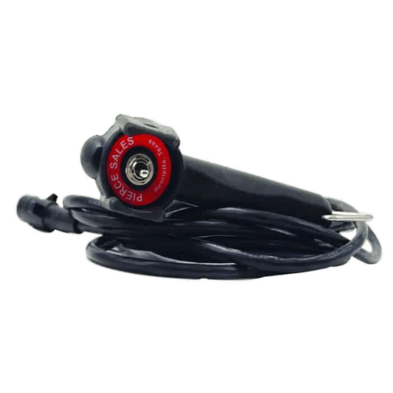 Operate your 12,000 lb Recovery Winch with this black trigger switch and coiled cable from Internal - Pierce Assembly Team. Features a red "SALES SERVICE" label around the connector—perfect for heavy-duty towing or trailer winches.