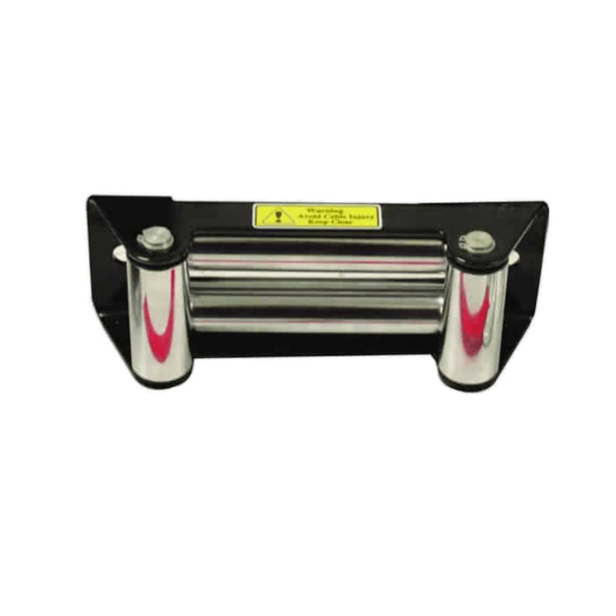 A black 12,000 lb PIERCE Recovery Winch roller fairlead features silver rollers, a yellow warning label on top, and a durable zinc alloy gear box.