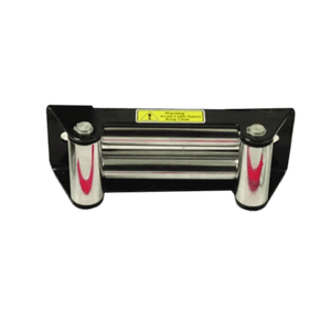 A black 12,000 lb PIERCE Recovery Winch roller fairlead features silver rollers, a yellow warning label on top, and a durable zinc alloy gear box.