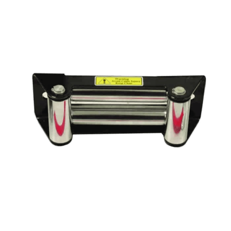 A black 12,000 lb PIERCE Recovery Winch roller fairlead features silver rollers, a yellow warning label on top, and a durable zinc alloy gear box.
