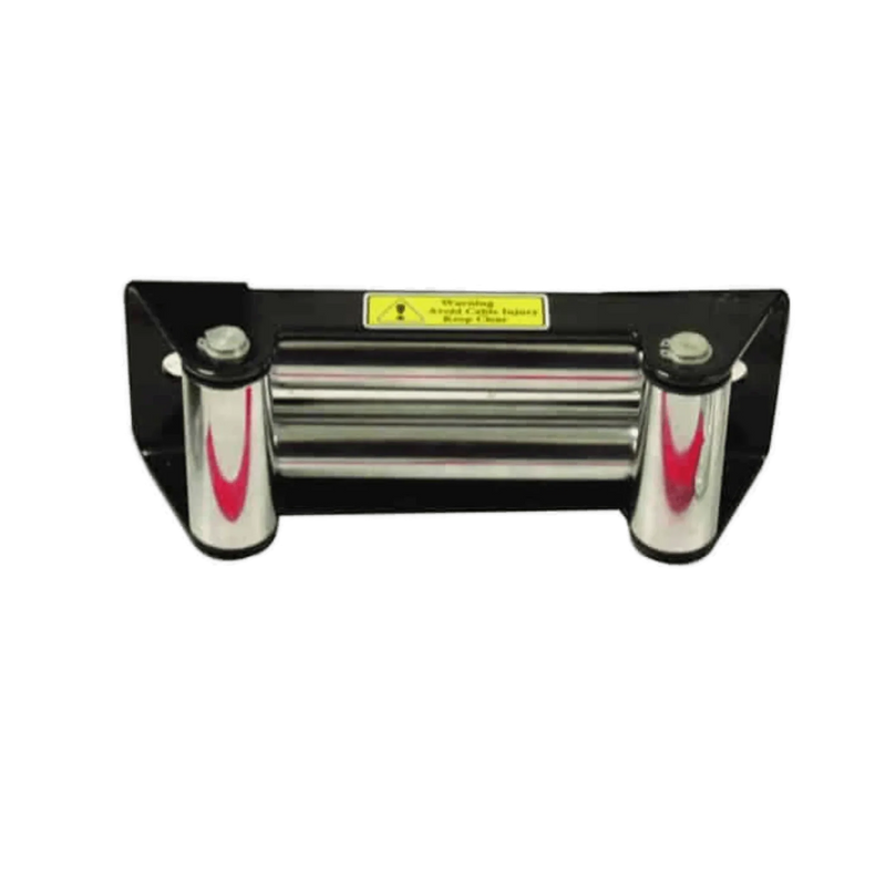 The Internal - Pierce Assembly Team 12,000 lb Recovery Winch features a metal fairlead roller with a black bracket and yellow warning label, designed for heavy-duty trailer and 12V recovery winches.