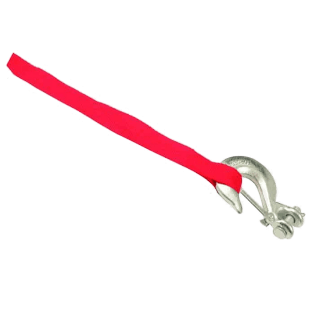 A 12,000 lb Recovery Winch by Internal - Pierce Assembly Team features a silver metal shackle with a bright red strap, ideal for heavy-duty towing, shown on a white background.