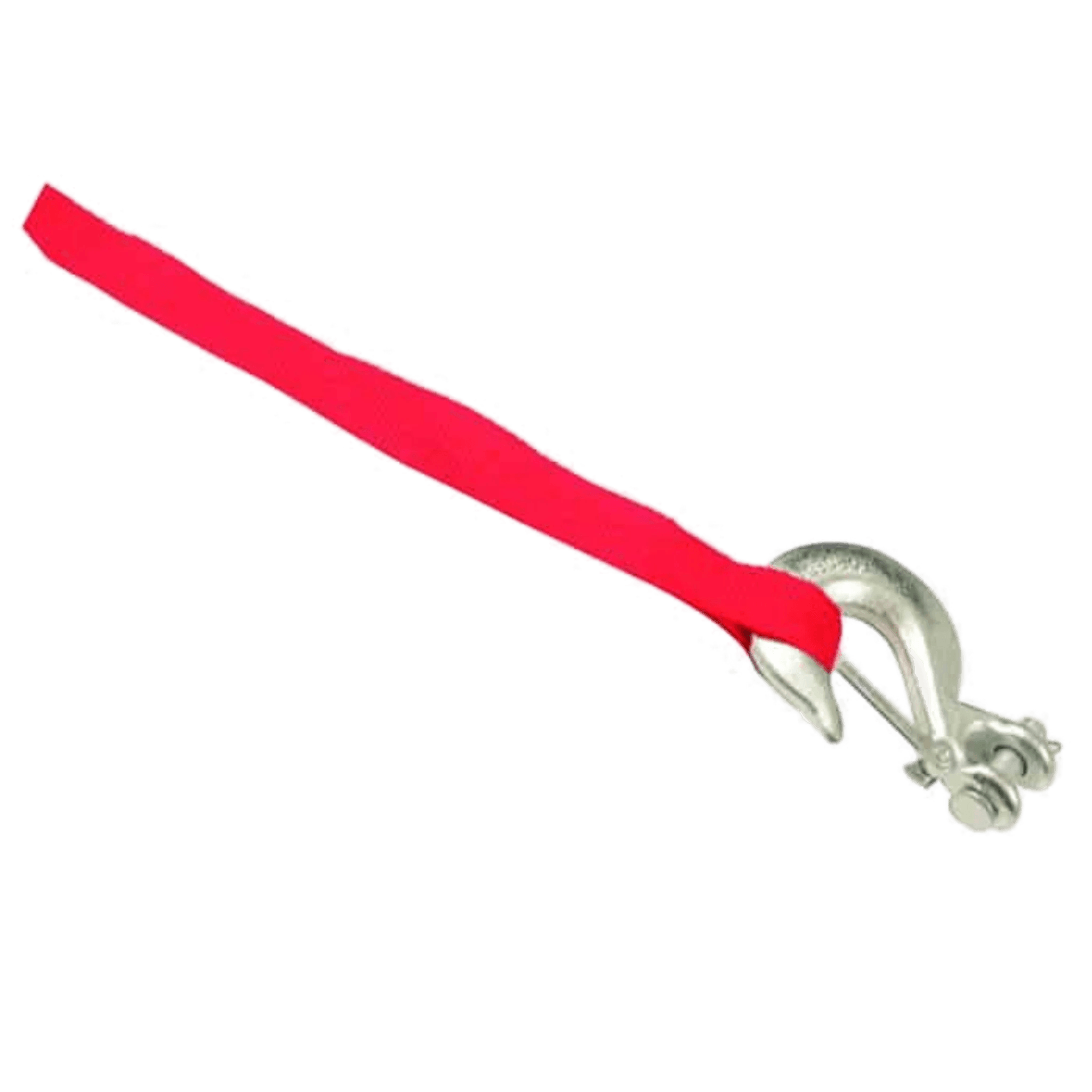 The silver tow hook features a red strap, ideal for seamless towing when paired with the PIERCE 12,000 lb Recovery Winch.