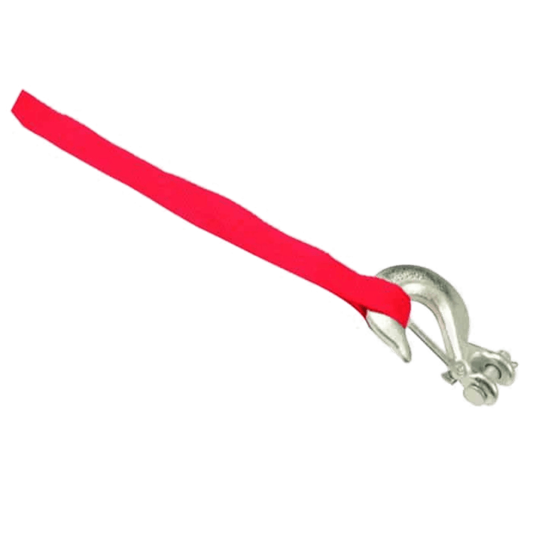 The silver tow hook features a red strap, ideal for seamless towing when paired with the PIERCE 12,000 lb Recovery Winch.