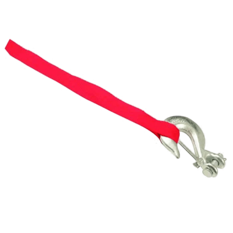 A 12,000 lb Recovery Winch by Internal - Pierce Assembly Team features a silver metal shackle with a bright red strap, ideal for heavy-duty towing, shown on a white background.