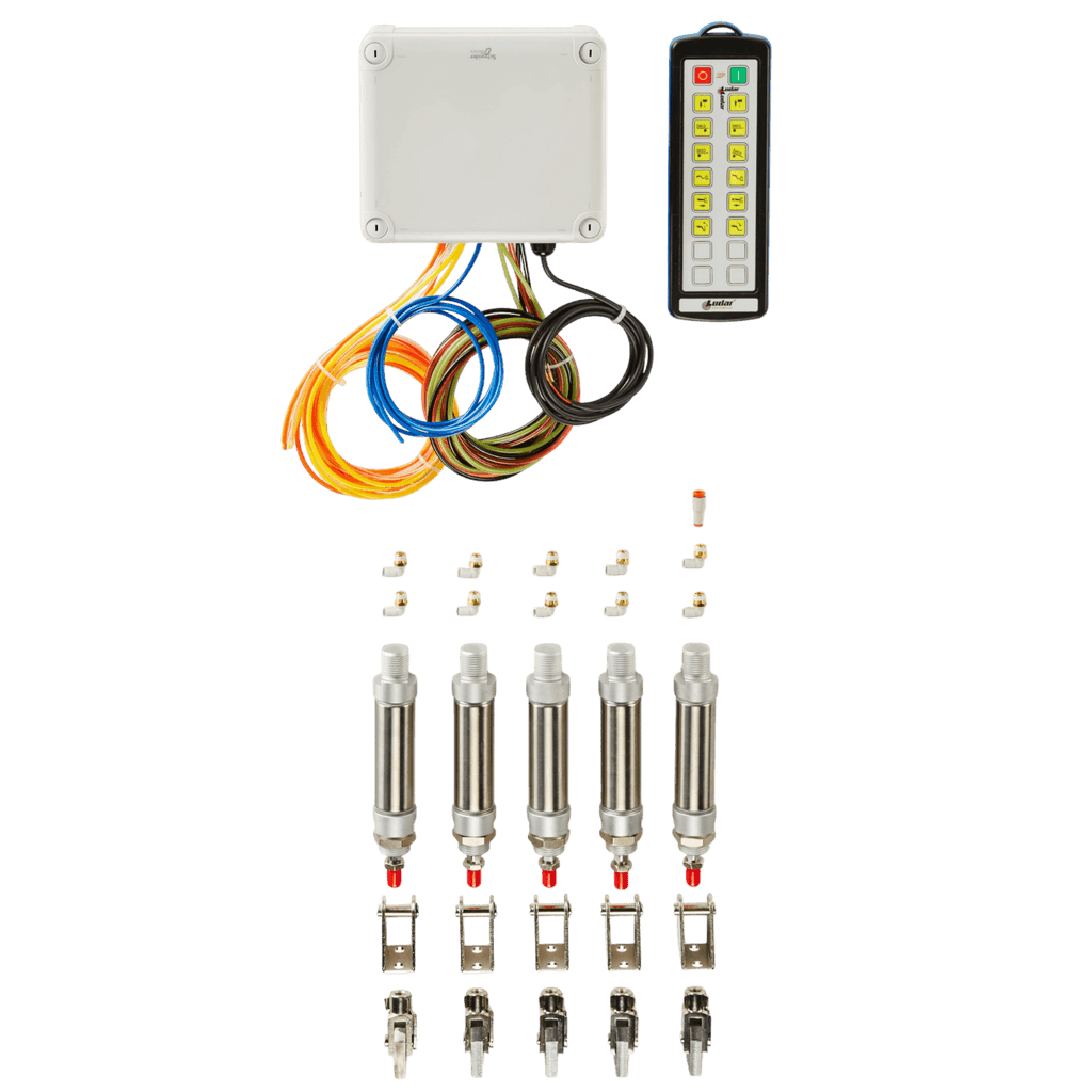 The Lodar Service 12 Function IP Wireless Actuator Control System (92 Series, FET Air Receiver) features remote control, wiring, and metal components arranged neatly in groups on a white background.