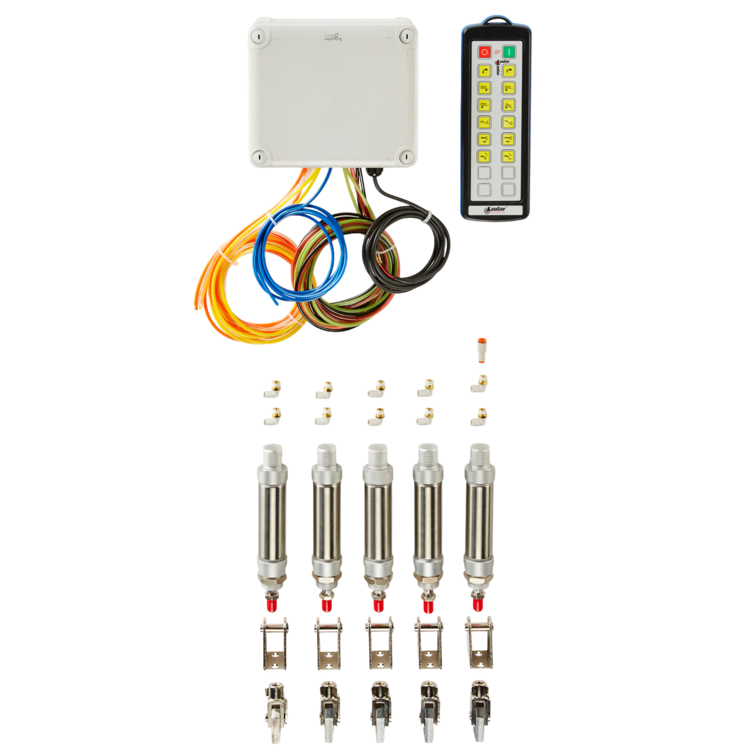 The Lodar LTD 12 Function IP Wireless Actuator Control System from the 92 Series features an electronic control kit complete with wires, connectors, and cylindrical sensors set against a black background. Its advanced design integrates seamlessly with the FET Air Receiver for efficient operation.