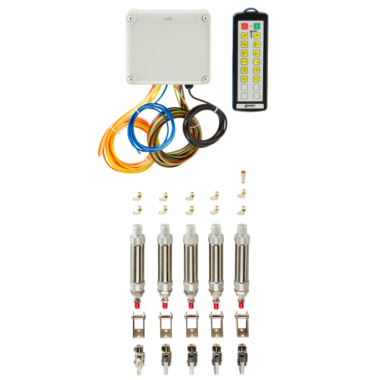 The Lodar LTD 12 Function IP Wireless Actuator Control System from the 92 Series features an electronic control kit complete with wires, connectors, and cylindrical sensors set against a black background. Its advanced design integrates seamlessly with the FET Air Receiver for efficient operation.