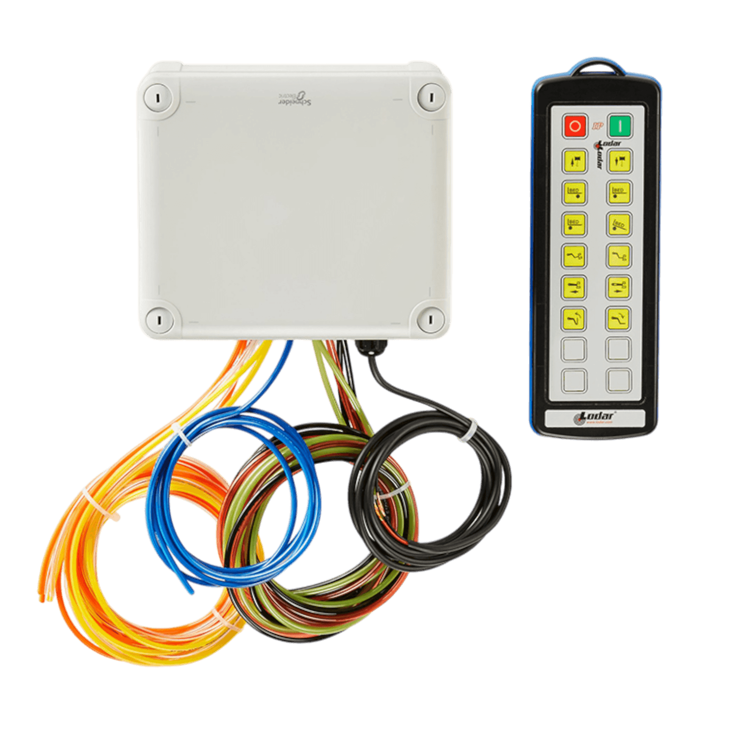 The Lodar Service 12 Function IP Wireless Actuator Control System (92 Series, FET Air Receiver, No Actuators) enables wireless valve control for heavy-duty pneumatic actuators via remote with buttons and multicolored wires.