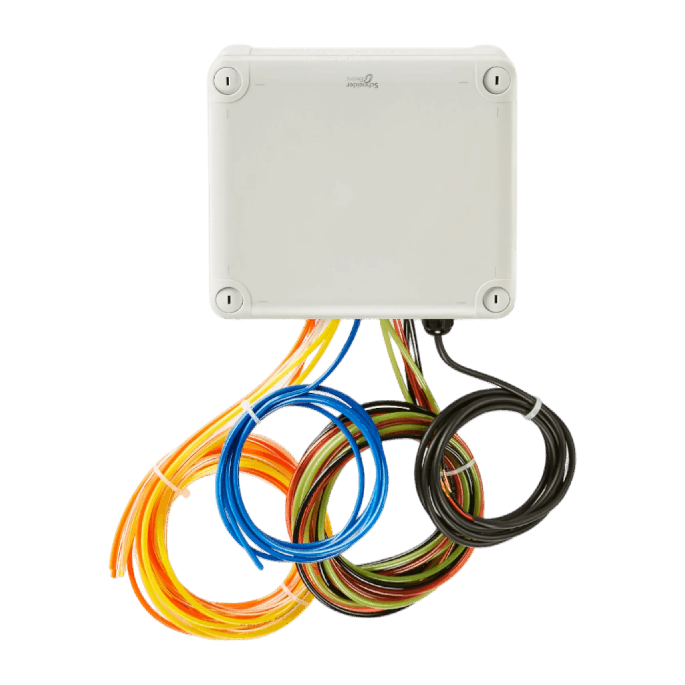 The Lodar Service 12 Function FET Air Receiver | 92 Series is a white electrical junction box with colorful, coiled wires extending from the bottom, designed as a replacement receiver for wireless air control systems.