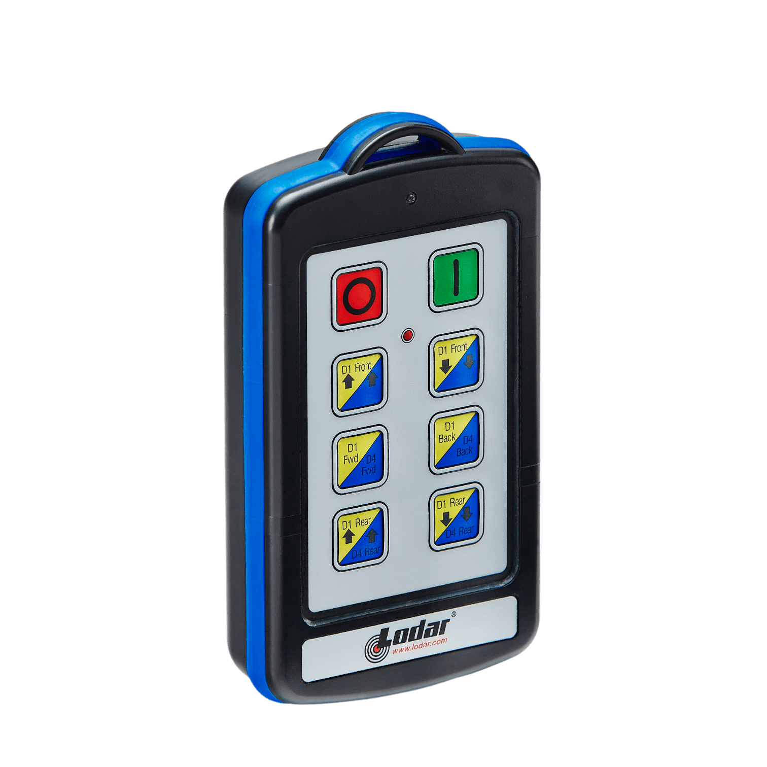 The 12 Function Lodar Replacement IP SHIFT Transmitter from Lodar LTD, part of the 9000 Series, includes an antenna and multiple buttons clearly labeled in blue, yellow, red, and green. It is perfect for transmitter replacement needs and offers versatile control modes to enhance your experience.