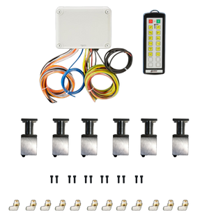 The 12 Function Wireless Air System with Bolt on Actuator by PIERCE, featuring a remote control setup that includes wiring, a control box, connectors, and screws on a white background, is perfect for optimizing wrecker operations.