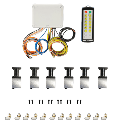 PIERCE 12 Function Direct Mount Wireless Air System for Jerr-Dan (Husco Valves) with control box, wireless remote, six locks, screws, and brackets—perfect for integrating with your Lodar system or other Jerr-Dan equipment.