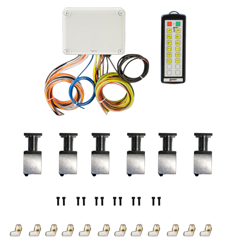 The 12 Function Wireless Air System with Bolt on Actuator by PIERCE, featuring a remote control setup that includes wiring, a control box, connectors, and screws on a white background, is perfect for optimizing wrecker operations.