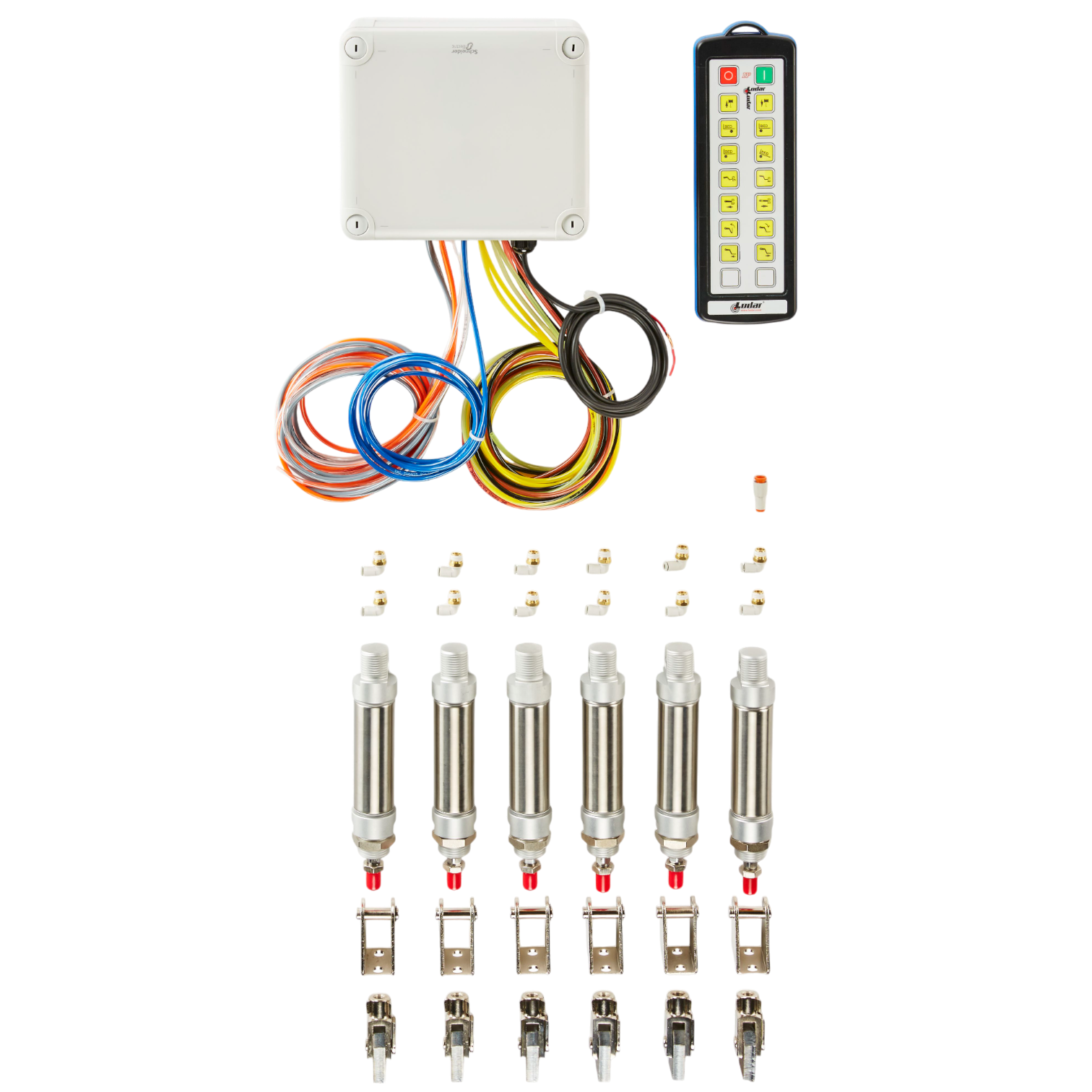 The 14 Function IP Wireless Actuator Control System (92 Series | FET Air Receiver) by Lodar LTD is an electronic device kit that includes a wireless air actuator, cables, control box, remote control system, connectors, and multiple sensor units arranged systematically to support 14 functions.