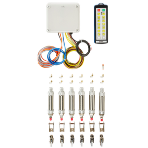The 14 Function IP Wireless Actuator Control System (92 Series | FET Air Receiver) by Lodar LTD is an electronic device kit that includes a wireless air actuator, cables, control box, remote control system, connectors, and multiple sensor units arranged systematically to support 14 functions.