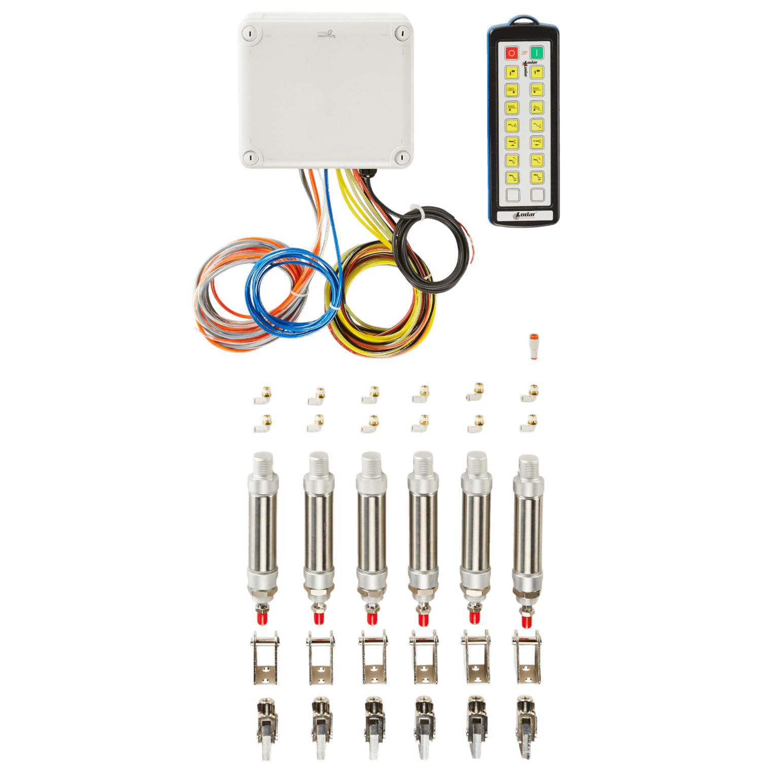The Lodar Service 14 Function IP Wireless Actuator Control System, 92 Series with FET Air Receiver, is shown with its remote, cables, and metal components arranged on a white background.