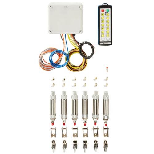 The Lodar Service 14 Function IP Wireless Actuator Control System, 92 Series with FET Air Receiver, is shown with its remote, cables, and metal components arranged on a white background.