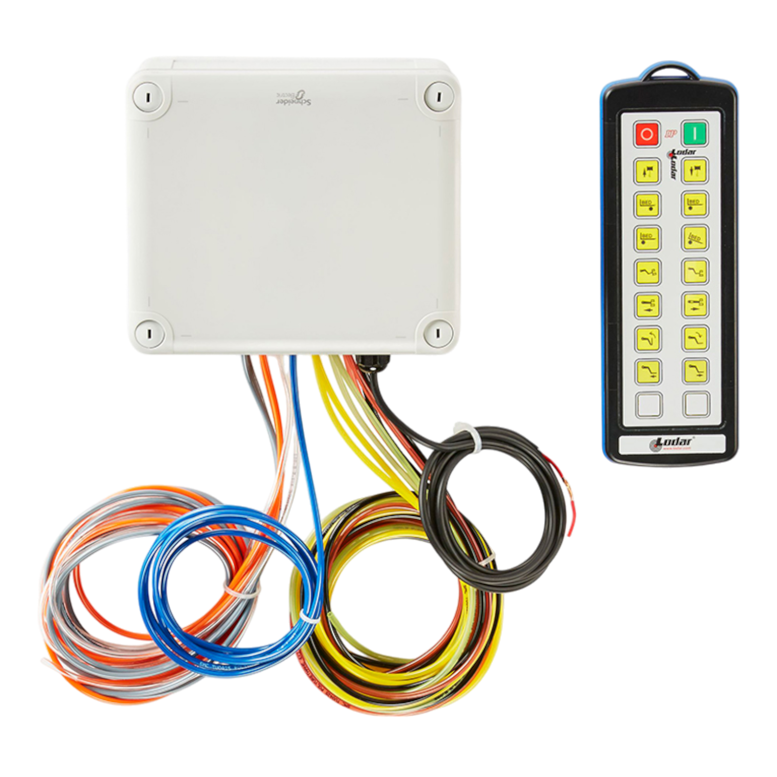 A 14 Function IP Wireless Actuator Control System from Lodar LTD, complete with multicolored cables, is positioned next to a remote control, seamlessly integrating into the industrial transmitter setup.