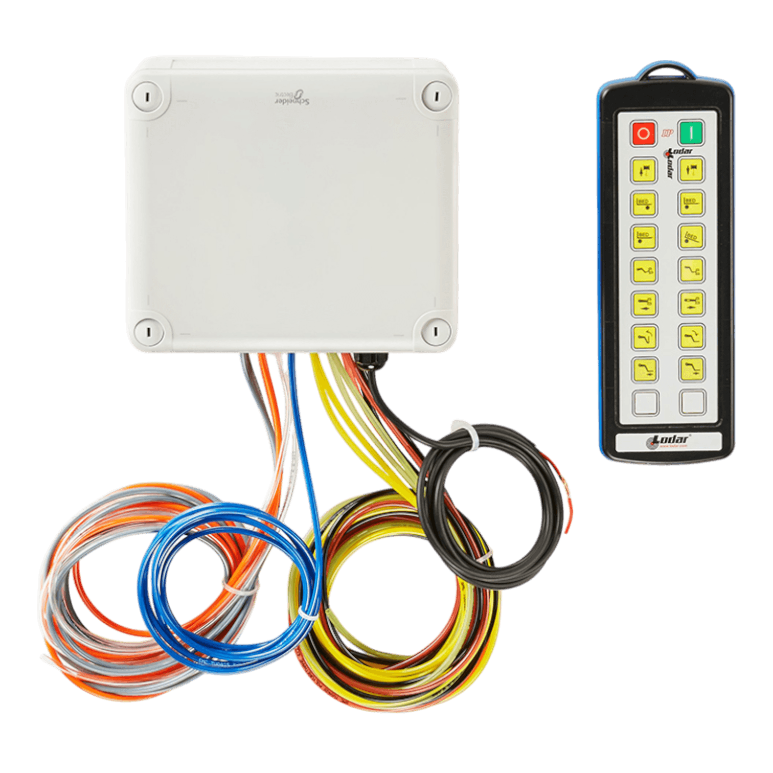The Lodar Service 14 Function IP Wireless Actuator Control System (92 Series, FET Air Receiver, No Actuators) includes a control box with colorful wires and a rectangular remote with yellow-labeled buttons for wireless hydraulic valve control.