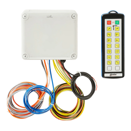 The Lodar Service 14 Function IP Wireless Actuator Control System (92 Series, FET Air Receiver, No Actuators) includes a control box with colorful wires and a rectangular remote with yellow-labeled buttons for wireless hydraulic valve control.