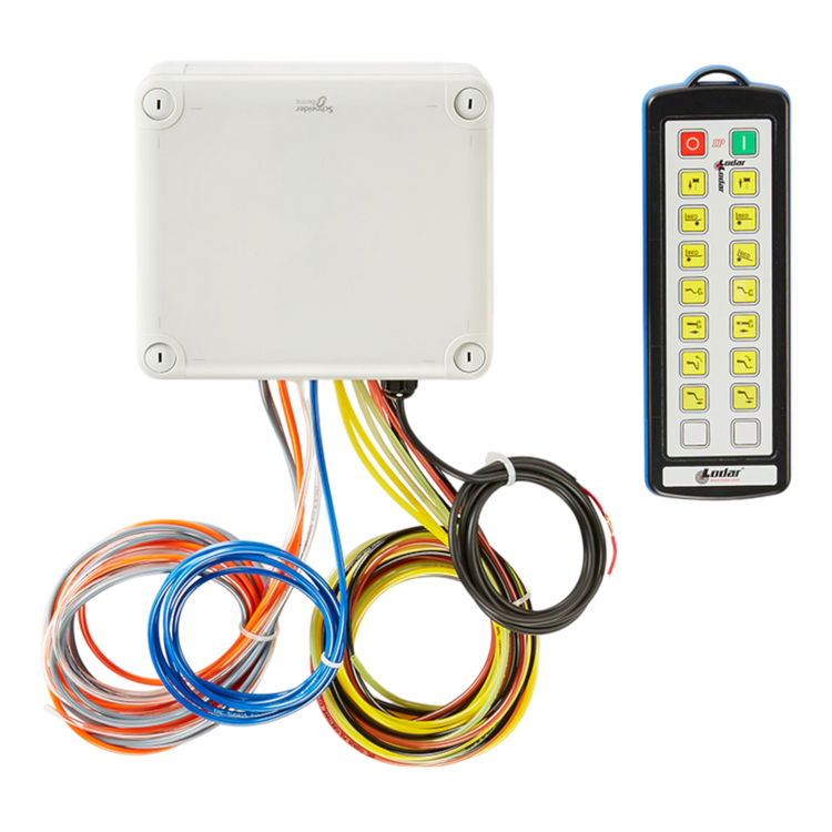 A 14 Function IP Wireless Actuator Control System from Lodar LTD, complete with multicolored cables, is positioned next to a remote control, seamlessly integrating into the industrial transmitter setup.