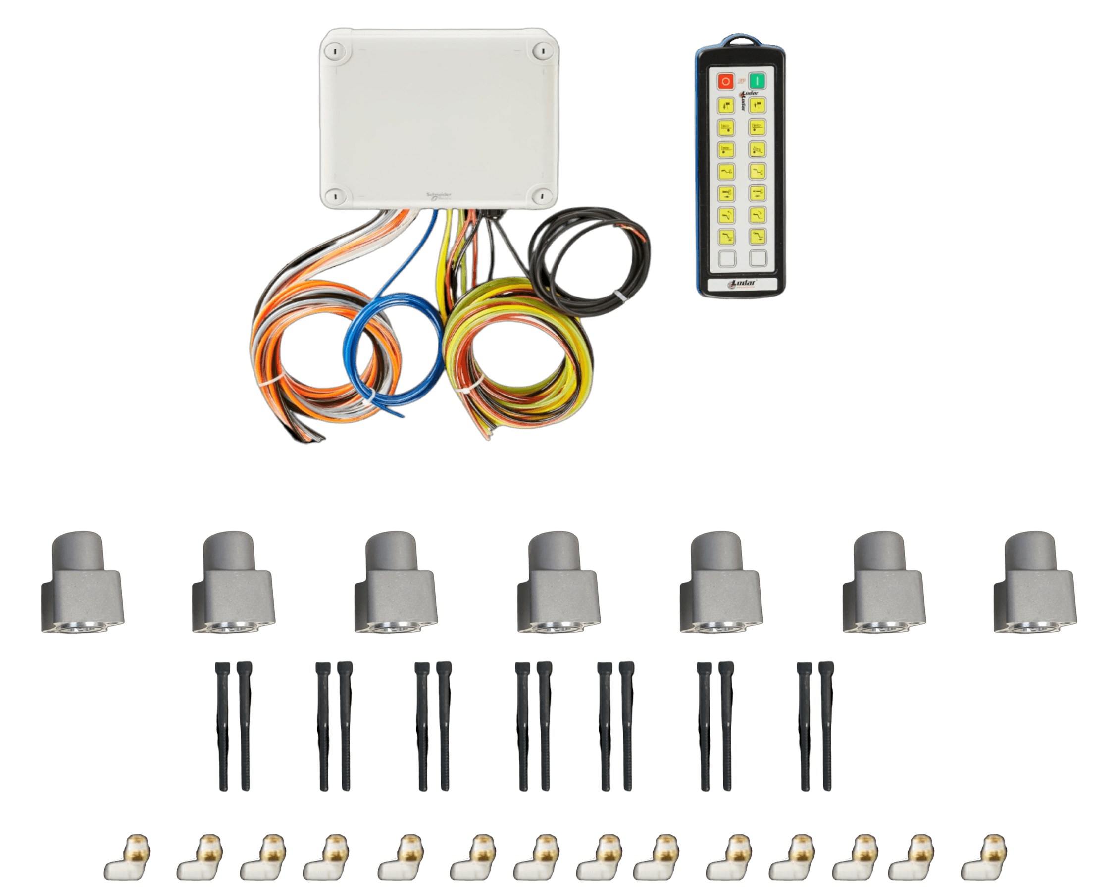 The PIERCE 14 Function Direct Mount Wireless Air System for Miller (Gresen Valves) includes wires, a remote for wireless valve control, eight sensors, connectors, and mounting accessories.