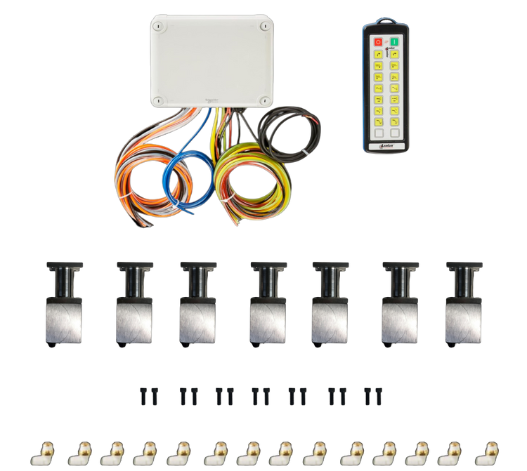 A sleek electronic control system, the 14 Function Wireless Air System with Bolt on Actuator by PIERCE, featuring a junction box, remote, and cables with Husco valves and metal components is arranged neatly on a black background.