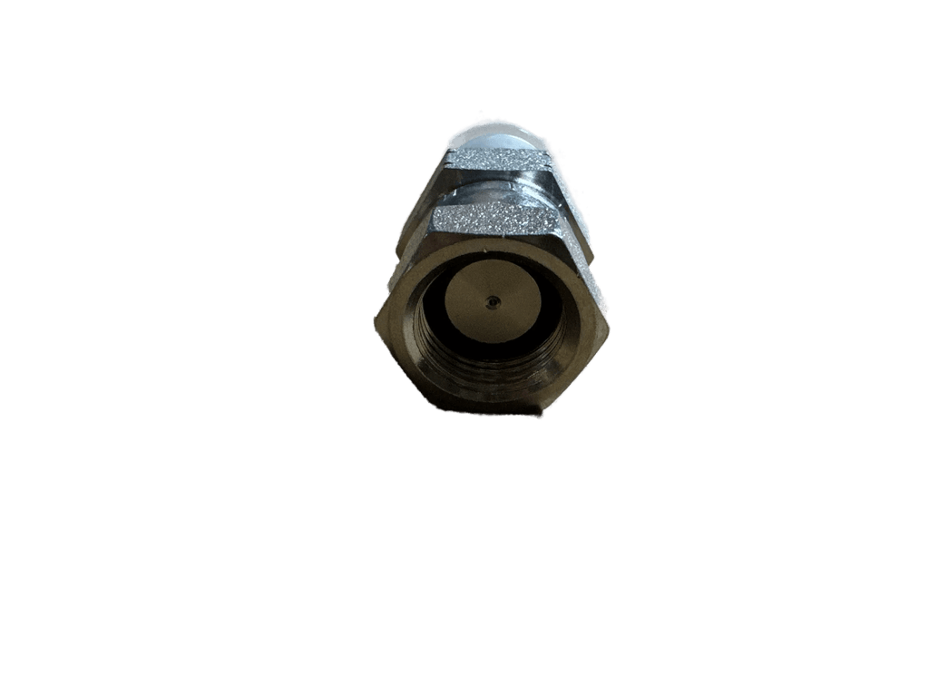 Close-up of a PIERCE Hydraulics Restrictor Fitting with pipe thread, swivel feature, and 1/16" hole; male 3/8 in x female 3/8 in, isolated on white background.