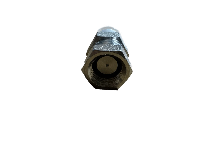 Close-up of a PIERCE Hydraulics Restrictor Fitting with pipe thread, swivel feature, and 1/16" hole; male 3/8 in x female 3/8 in, isolated on white background.
