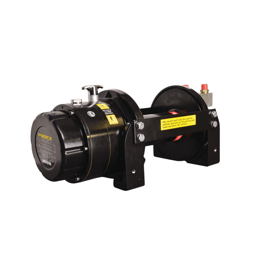 The PIERCE 15,000 lb Hydraulic Recovery Winch features a durable metal drum and visible labels, designed for heavy-duty recovery or industrial towing applications. Shown on a white background.