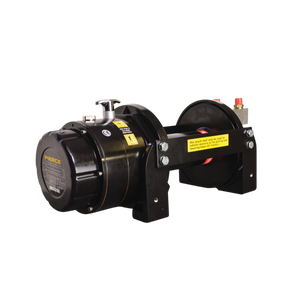 Black hydraulic recovery winch by PIERCE, capable of 15,000 lb capacity, featuring an electric planetary design with spool and handle, a load holding cone brake, all mounted on a sturdy base against a plain background.