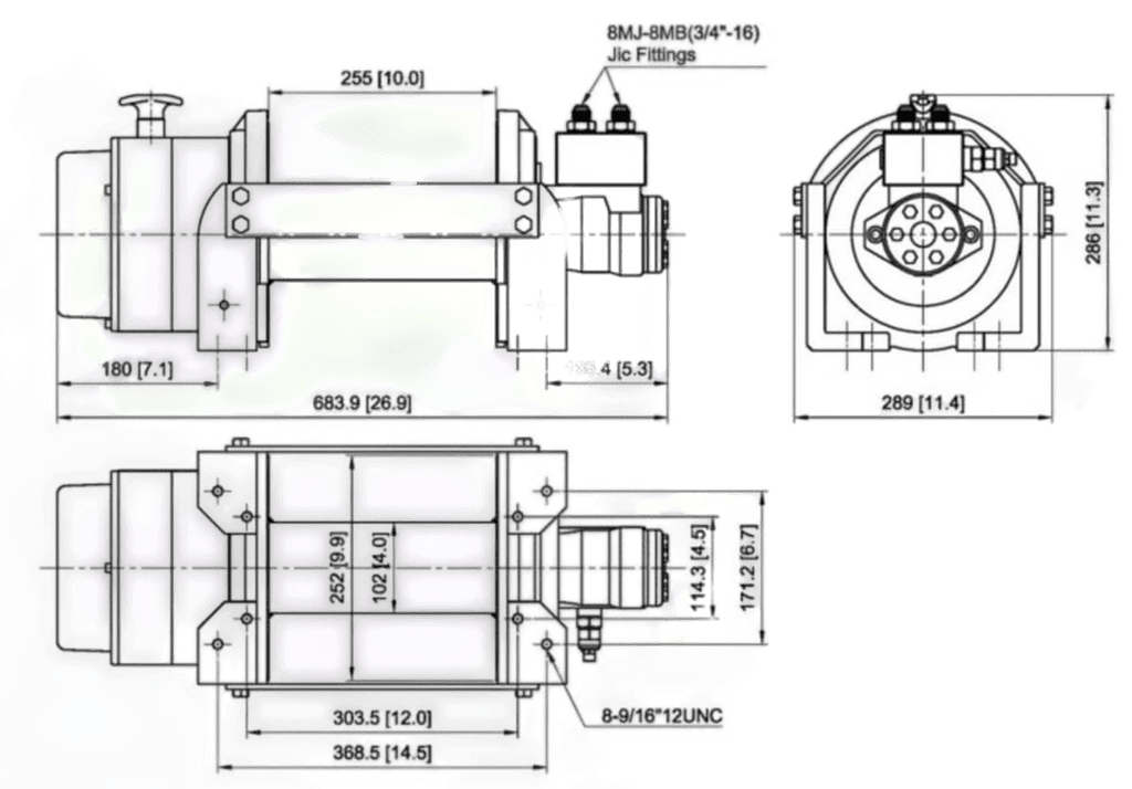Technical drawing of the PIERCE 15,000 lb Hydraulic Recovery Winch shows detailed measurements and three view angles for heavy-duty applications.