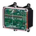 Close-up of a Lodar LTD electronic circuit board, featuring the 16 Function 12/24 Volt Lodar Replacement Receiver for the 92 Series, encased in a transparent protective cover with attached mounting brackets.