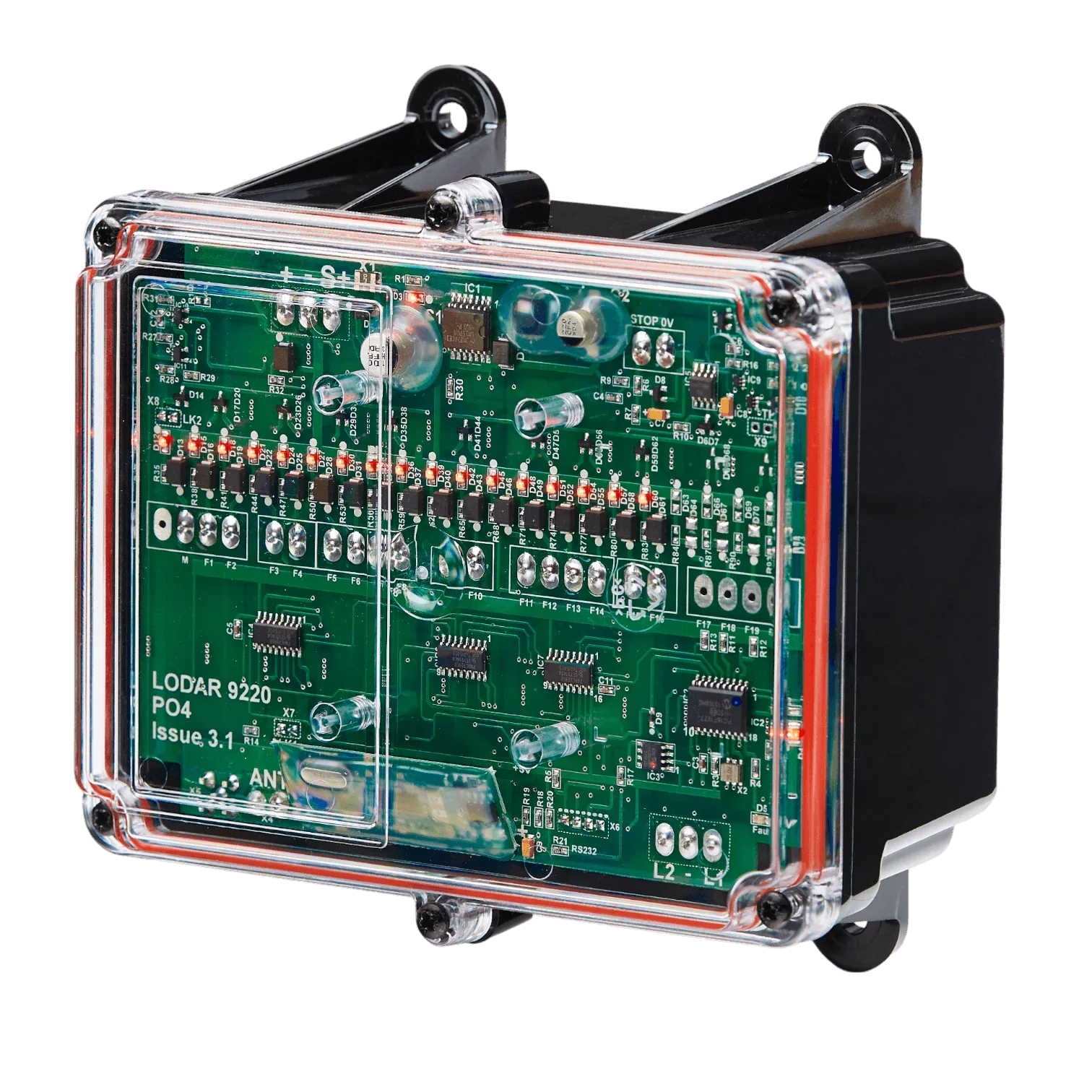 Close-up of a Lodar LTD electronic circuit board, featuring the 16 Function 12/24 Volt Lodar Replacement Receiver for the 92 Series, encased in a transparent protective cover with attached mounting brackets.