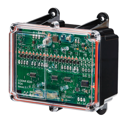 Close-up of a Lodar LTD electronic circuit board, featuring the 16 Function 12/24 Volt Lodar Replacement Receiver for the 92 Series, encased in a transparent protective cover with attached mounting brackets.