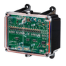 Close-up of a Lodar LTD electronic circuit board, featuring the 16 Function 12/24 Volt Lodar Replacement Receiver for the 92 Series, encased in a transparent protective cover with attached mounting brackets.