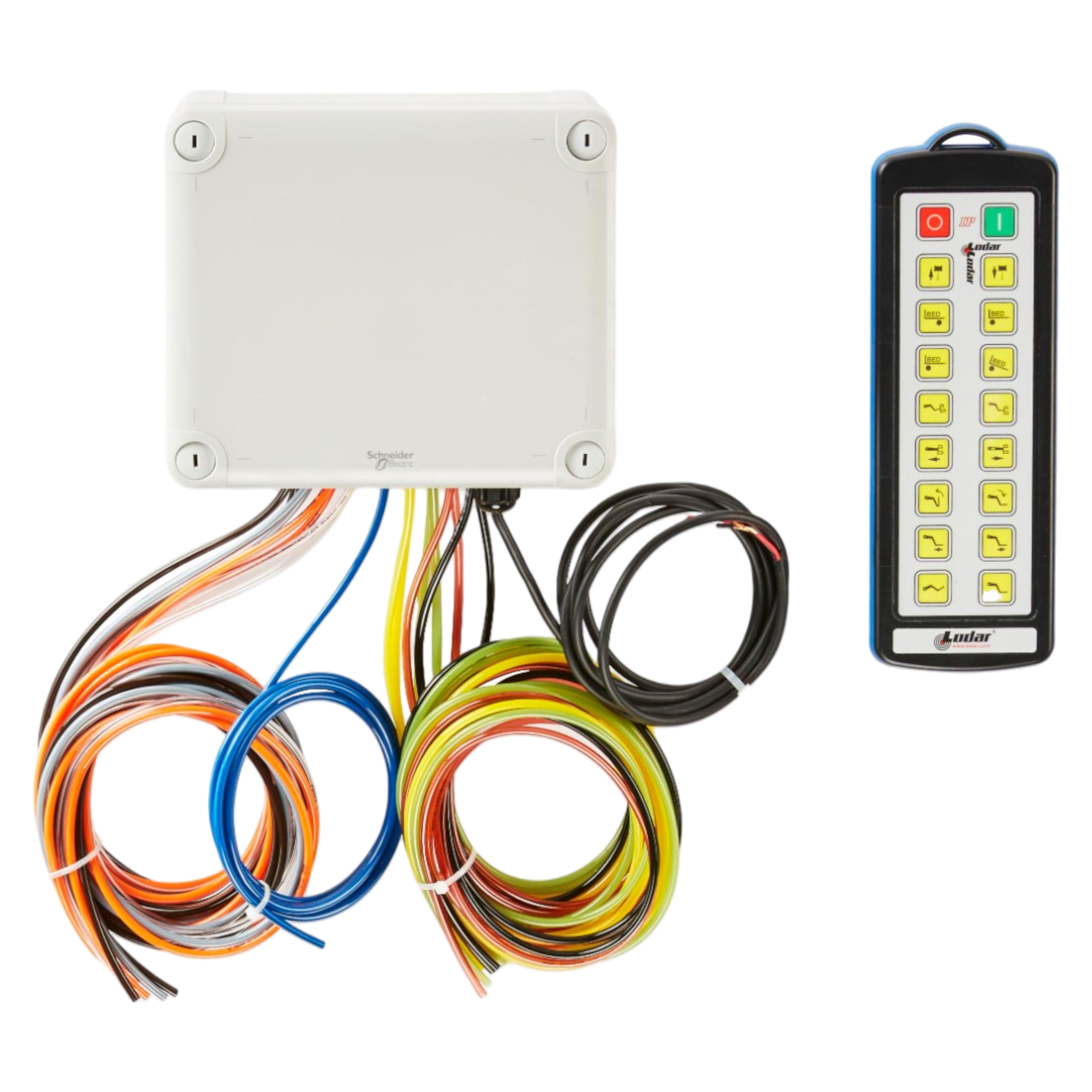A 16 Function IP Wireless Actuator Control System by Lodar LTD, known as the 92 Series FET Air Receiver, includes a control box with colorful wires and an industrial transmitter equipped with a remote featuring yellow buttons on a black background.