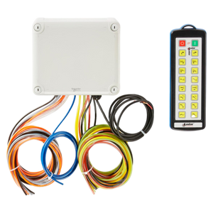 A 16 Function IP Wireless Actuator Control System by Lodar LTD, known as the 92 Series FET Air Receiver, includes a control box with colorful wires and an industrial transmitter equipped with a remote featuring yellow buttons on a black background.