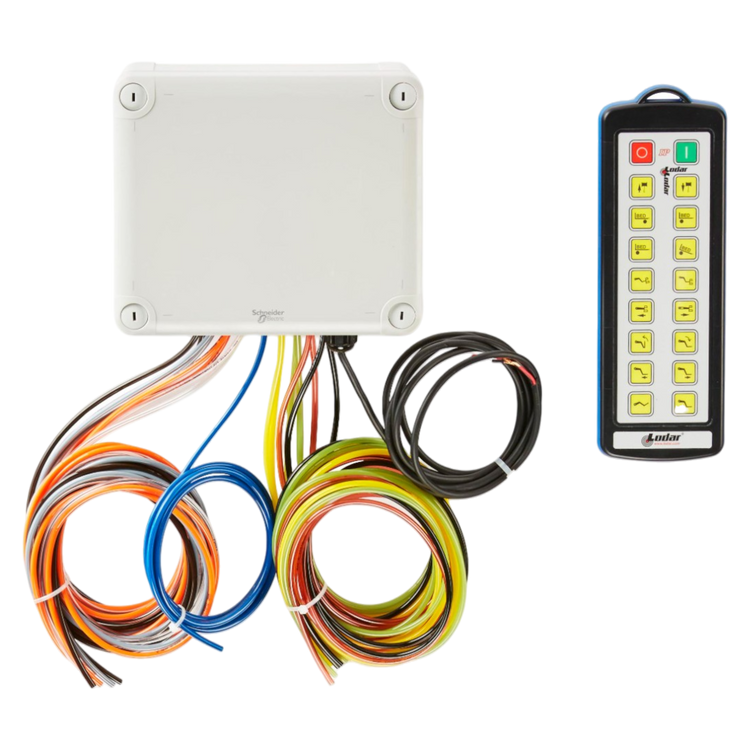 A 16 Function IP Wireless Actuator Control System by Lodar LTD, known as the 92 Series FET Air Receiver, includes a control box with colorful wires and an industrial transmitter equipped with a remote featuring yellow buttons on a black background.