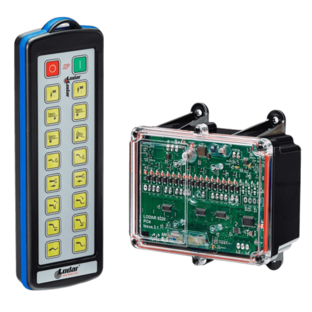 The 16 Function IP Wireless Control System, part of the 92 Series from Lodar LTD, includes a transmitter with 16 functionalities. This device has buttons positioned alongside a circuit board in a transparent casing, making it ideal for controlling solenoid operated equipment within an industrial wireless control system.