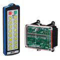 The 16 Function IP Wireless Control System, part of the 92 Series from Lodar LTD, includes a transmitter with 16 functionalities. This device has buttons positioned alongside a circuit board in a transparent casing, making it ideal for controlling solenoid operated equipment within an industrial wireless control system.