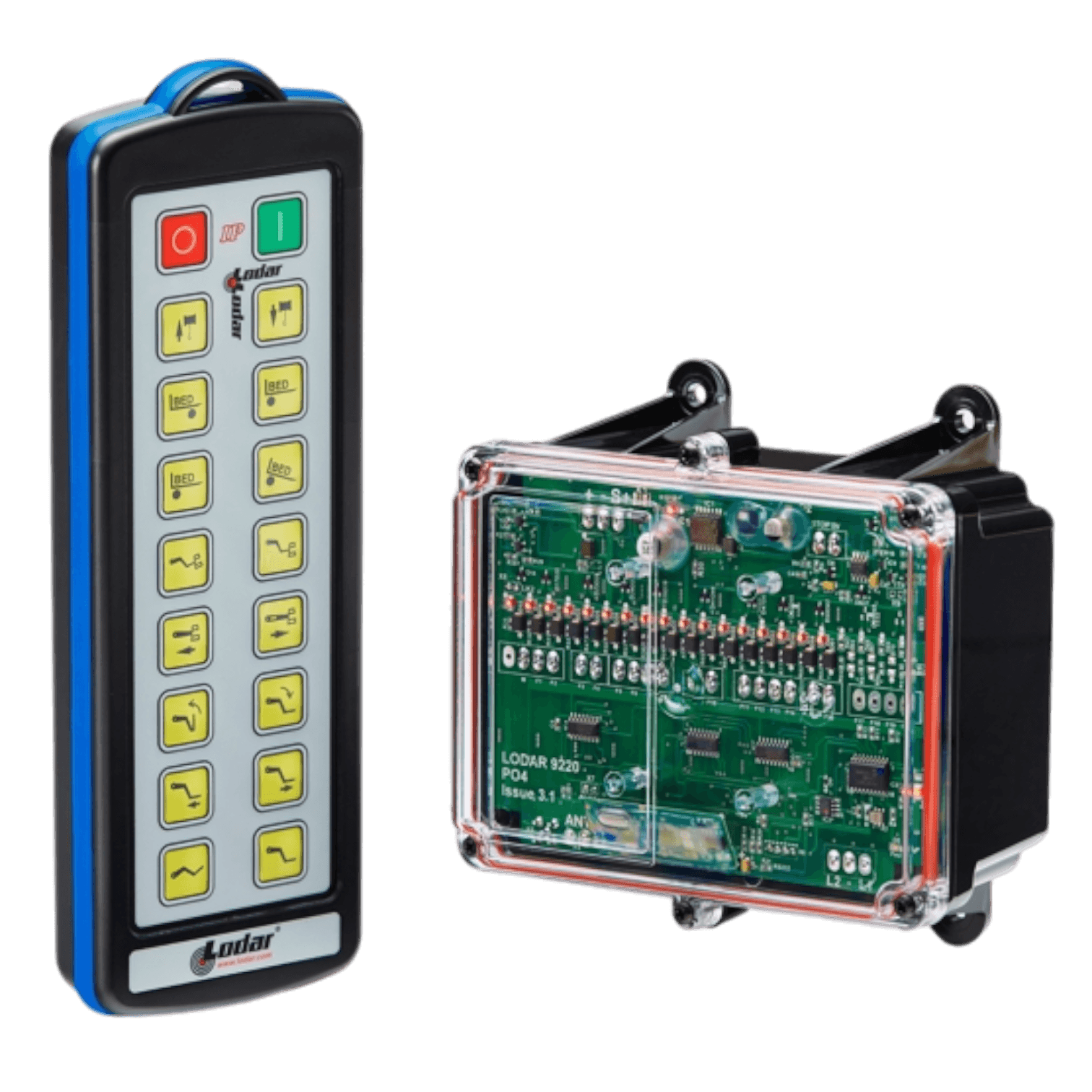 The 16 Function IP Wireless Control System, part of the 92 Series from Lodar LTD, includes a transmitter with 16 functionalities. This device has buttons positioned alongside a circuit board in a transparent casing, making it ideal for controlling solenoid operated equipment within an industrial wireless control system.
